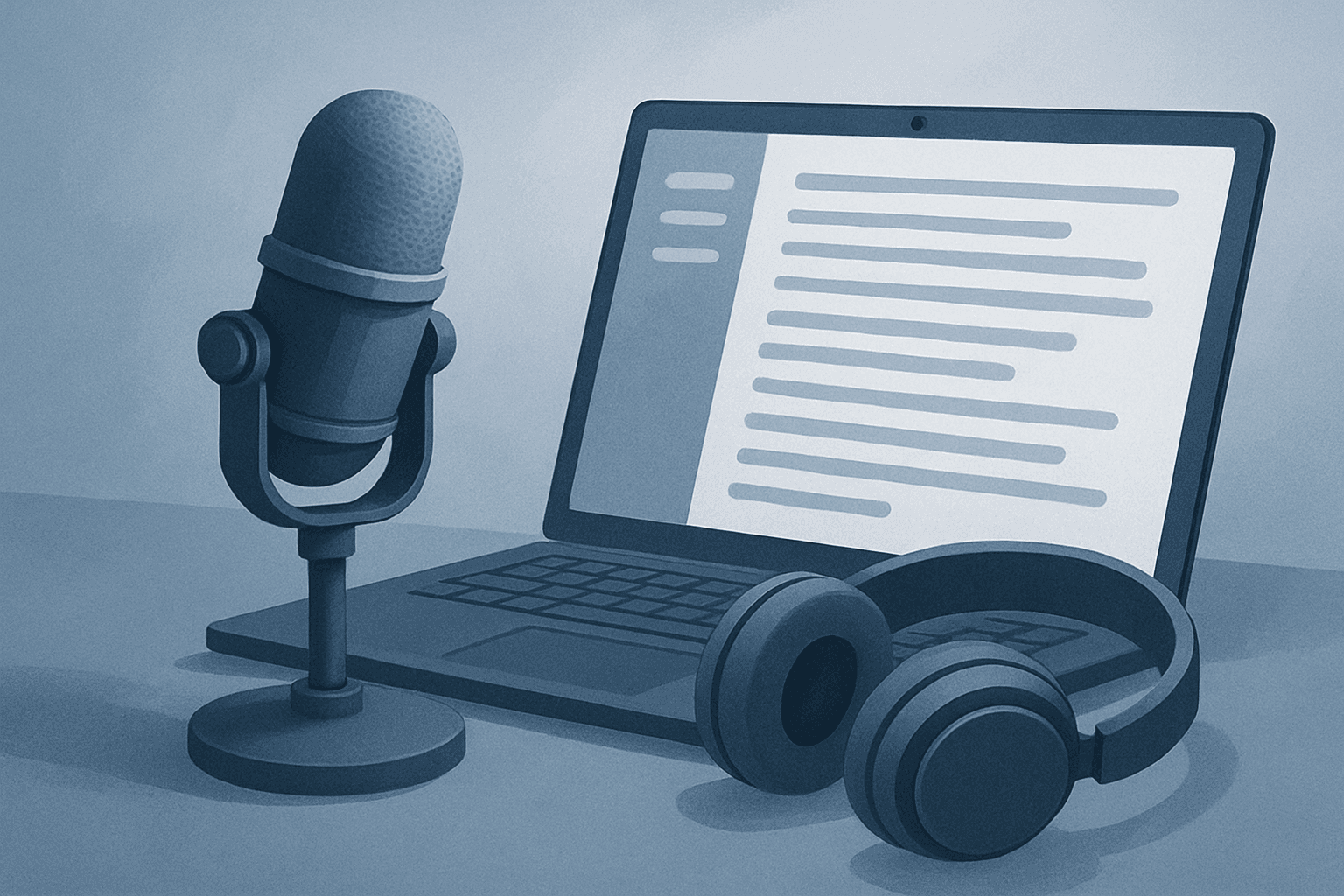 Podcast microphone beside a laptop with a transcript open
