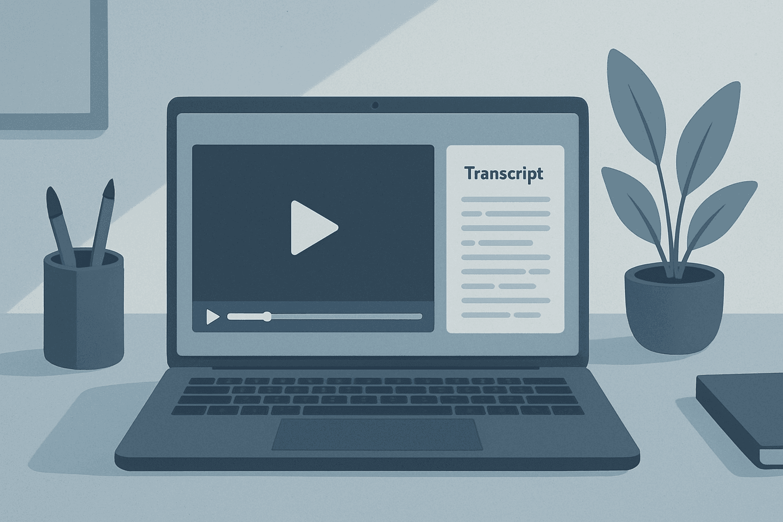 Laptop showing a YouTube-style video beside a generated transcript