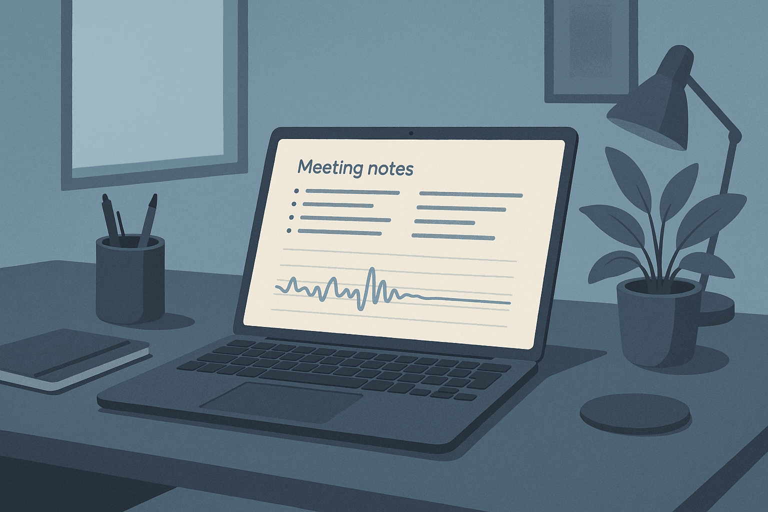 Team meeting notes concept with a transcript on a laptop