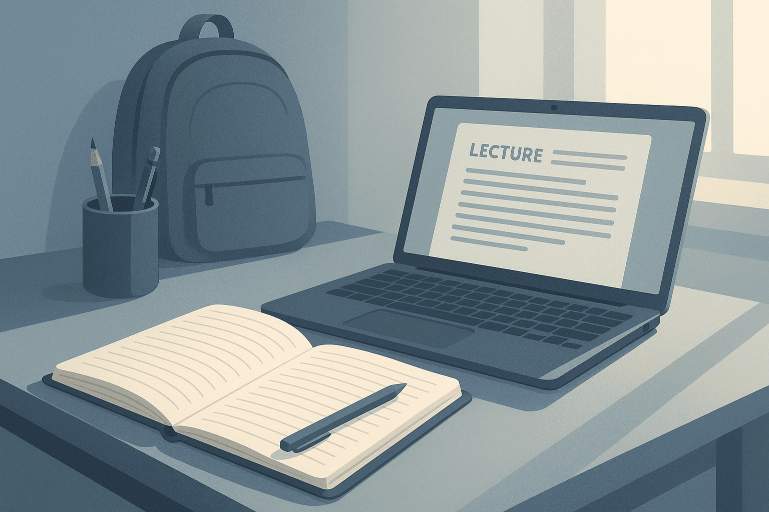 Student notes and a lecture transcript on a laptop
