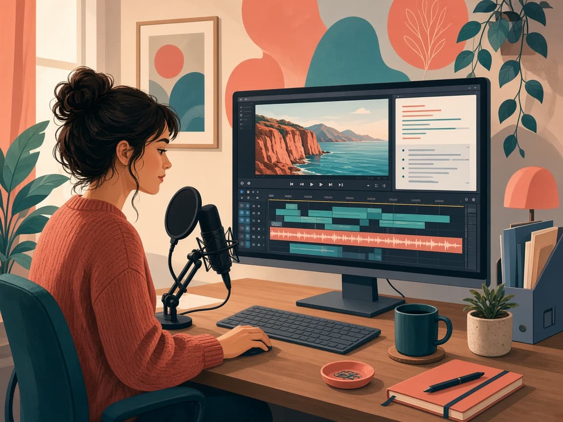 Creator workspace with a video timeline, captions, and show notes beside a microphone