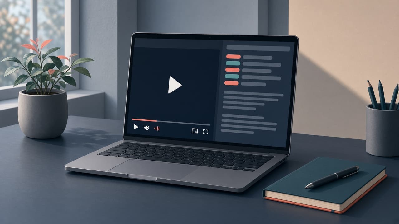Laptop showing a video player beside a timestamped transcript panel