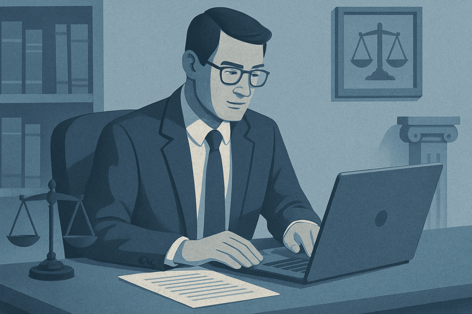 Attorney reviewing a deposition transcript in a secure professional workspace