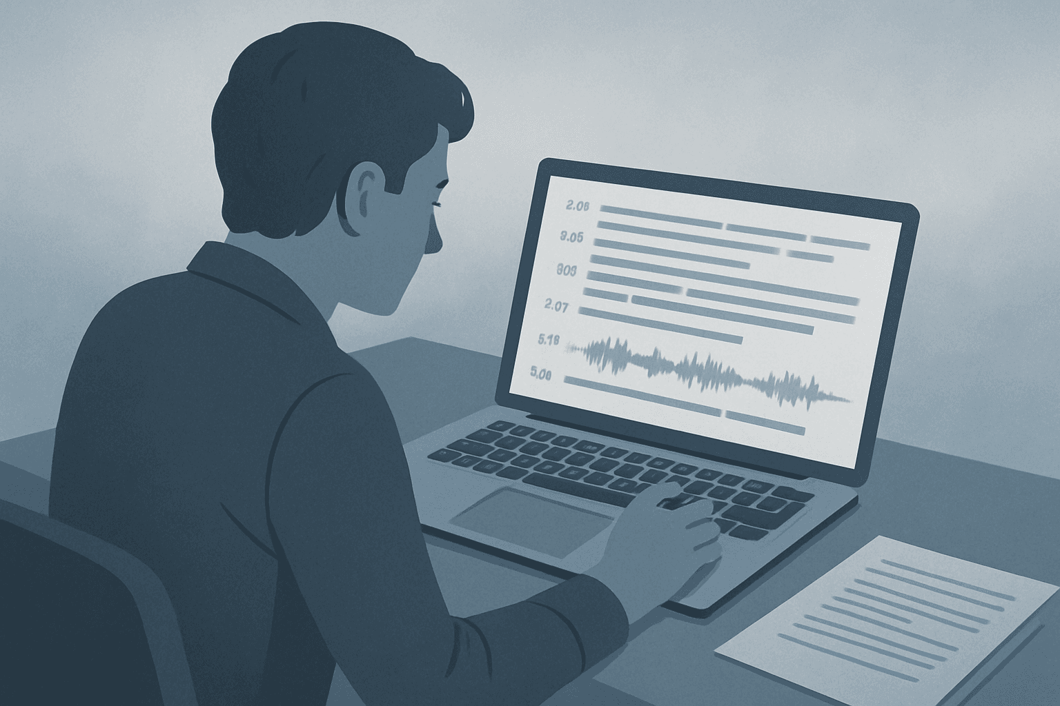 Journalist reviewing a timestamped interview transcript beside a recording workspace