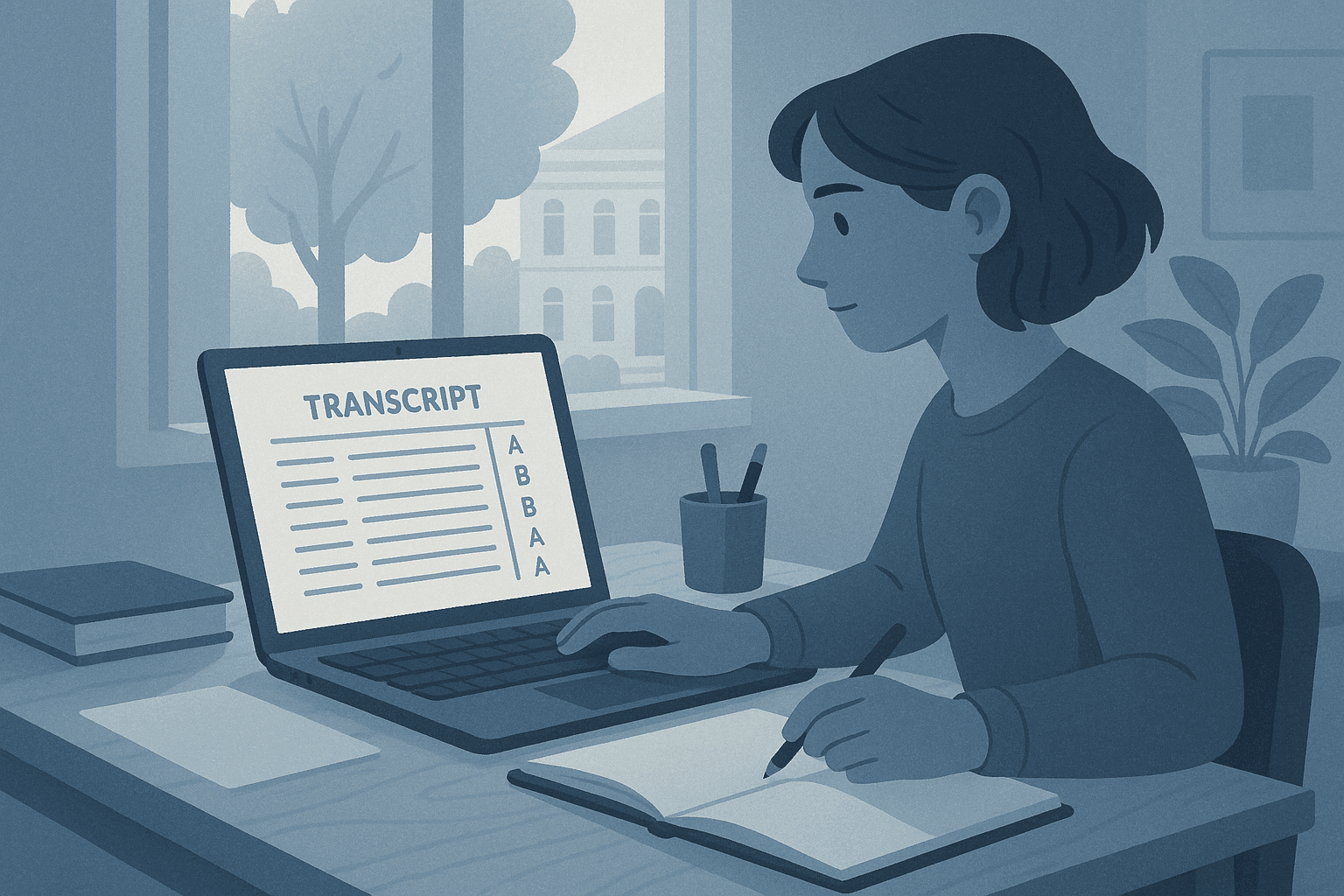 Student studying with a laptop showing a lecture transcript and notes