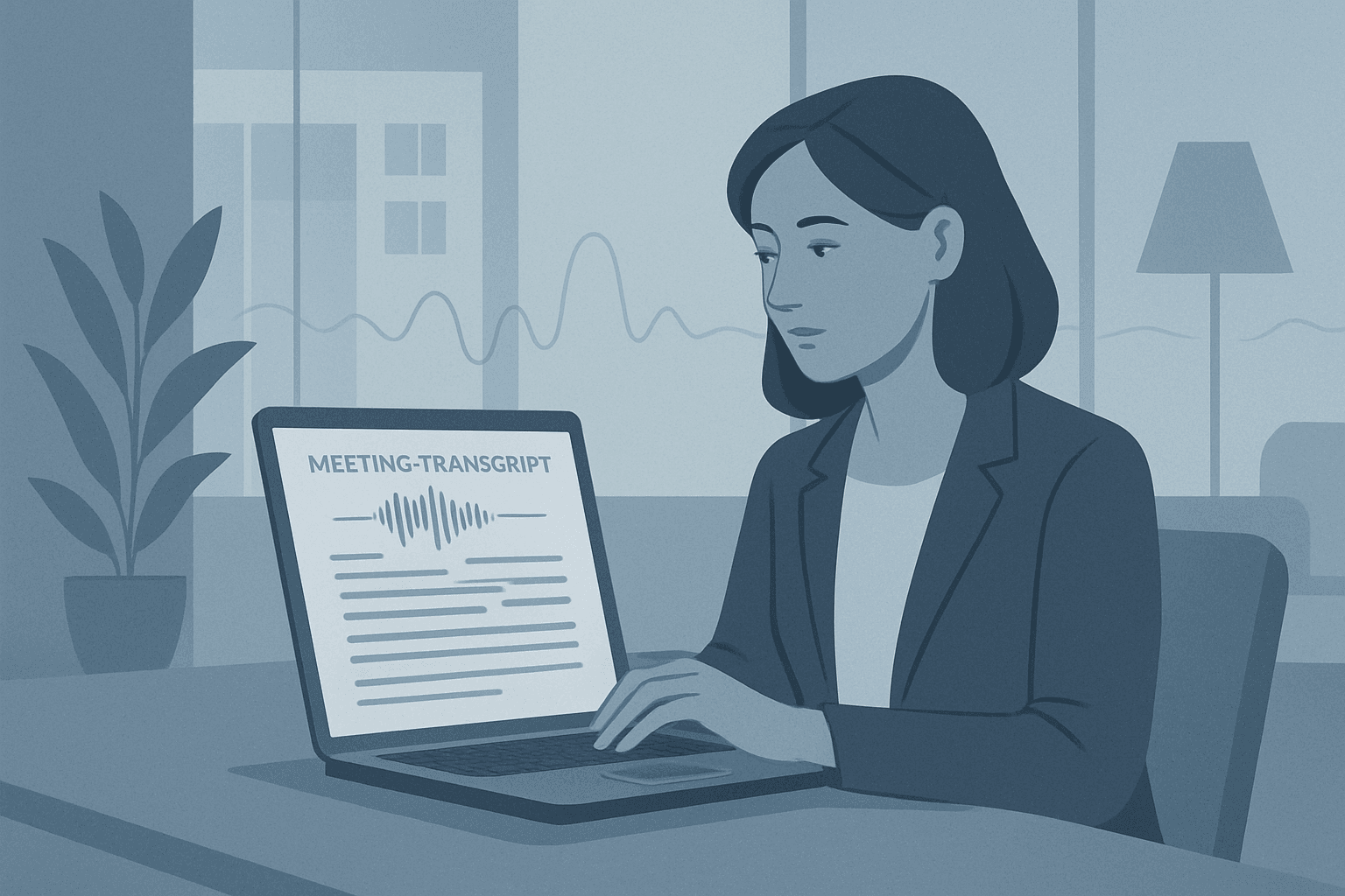 Professional reviewing a meeting transcript with speaker labels on a laptop