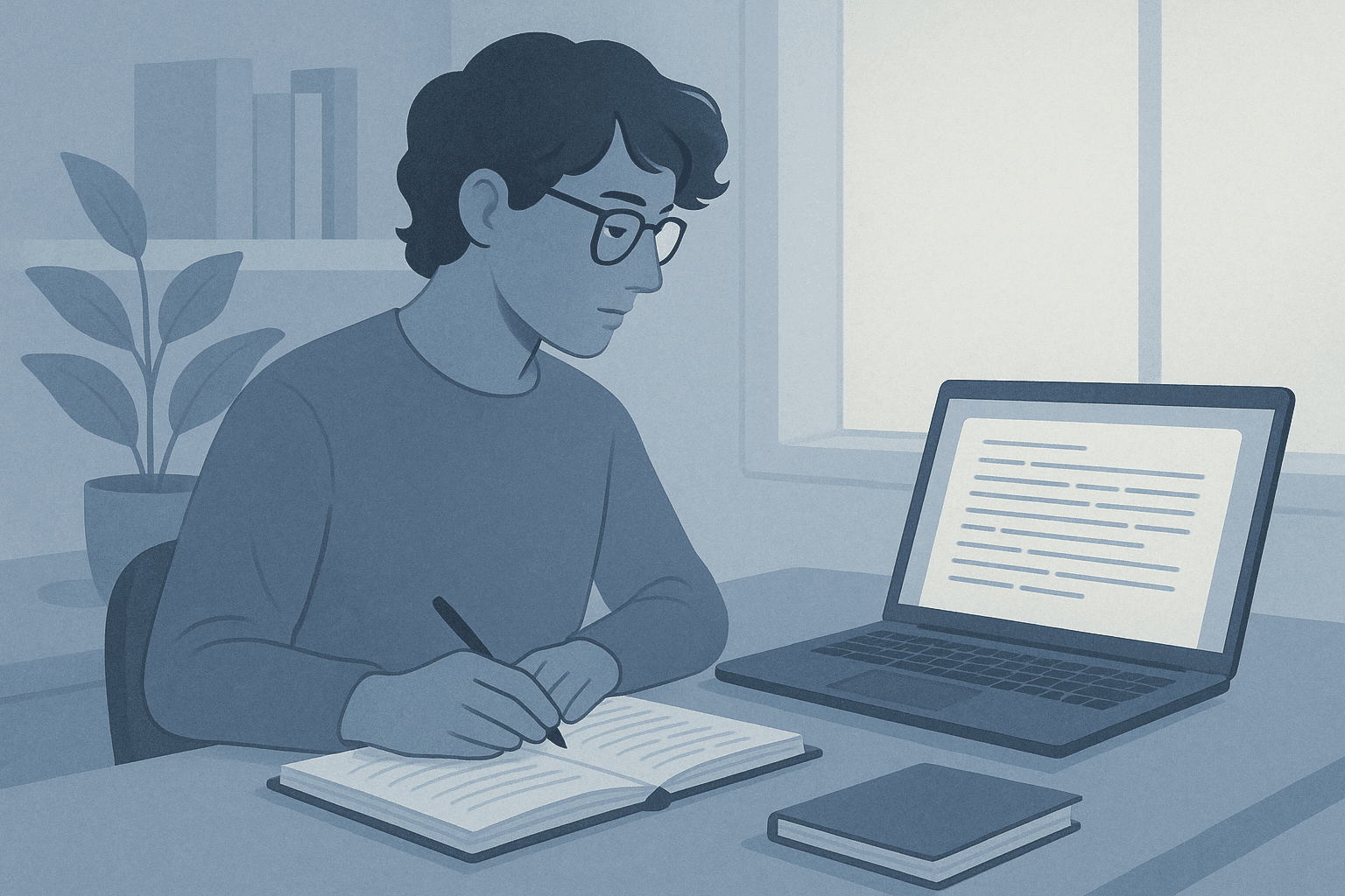 Researcher organizing interview transcripts in a calm study workspace